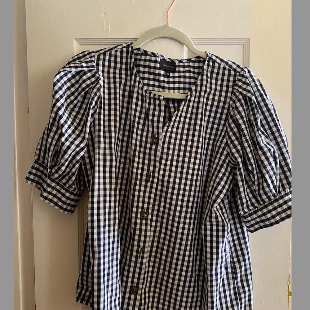 Who What Wear 100% Cotton Gingham Blouse Top Small Button Down Puff Sleeve
